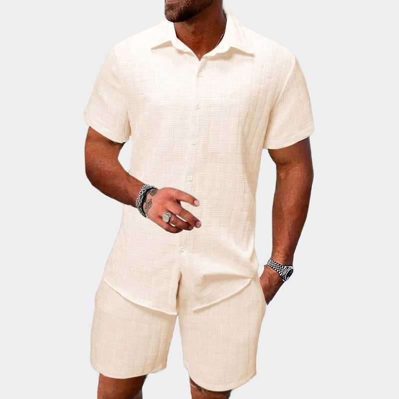Kai | Men's Short Sleeve Jacquard Two-Piece Set, Textured Woven Lounge Set | The Shrader Sisters | Beige