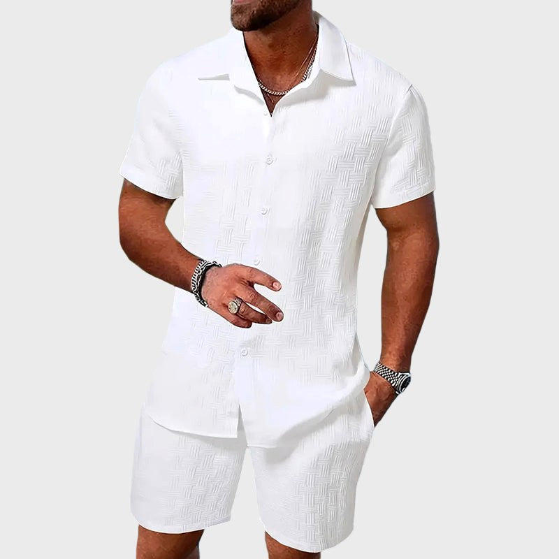 Kai | Men's Short Sleeve Jacquard Two-Piece Set, Textured Woven Lounge Set | The Shrader Sisters | White