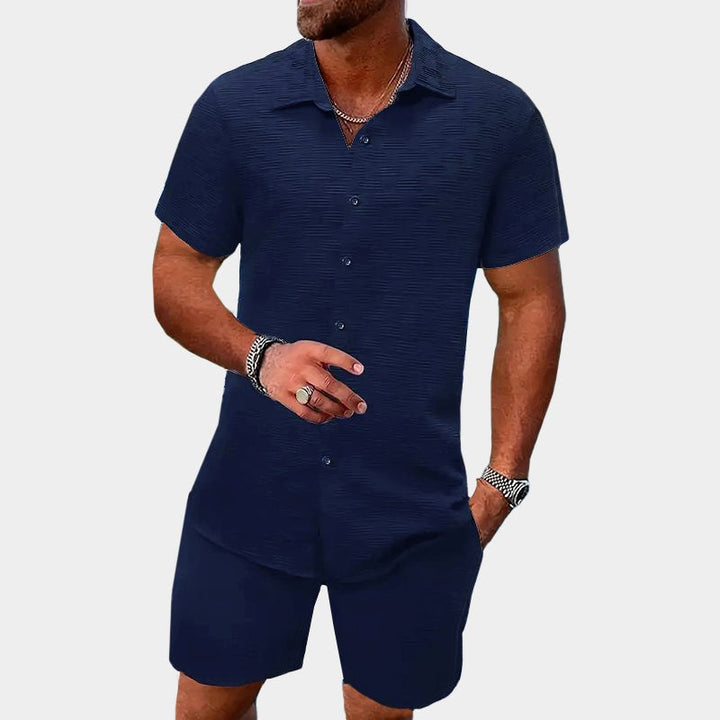 Kai | Men's Short Sleeve Jacquard Two-Piece Set, Textured Woven Lounge Set | The Shrader Sisters | Blue