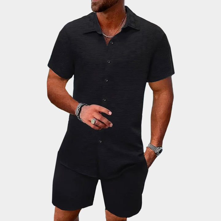 Kai | Men's Short Sleeve Jacquard Two-Piece Set, Textured Woven Lounge Set | The Shrader Sisters | Black