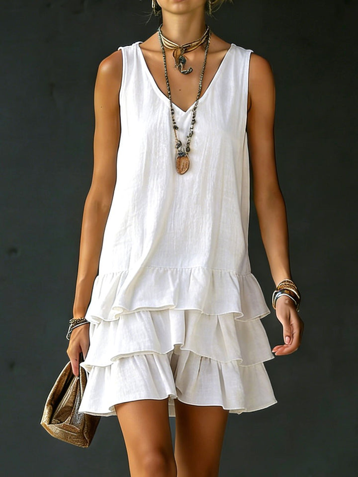 Kaia | Women's Linen V-Neck Tunic Dress with Ruffle Hem, Sleeveless Summer Dress | The Shrader Sisters | White