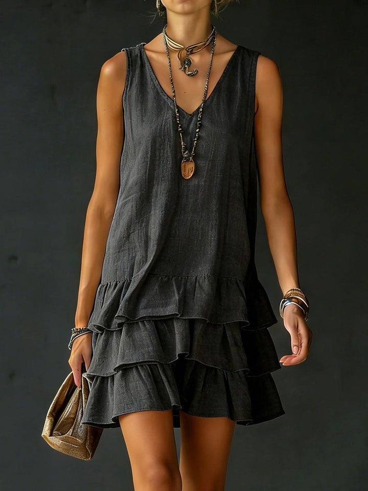 Kaia | Women's Linen V-Neck Tunic Dress with Ruffle Hem, Sleeveless Summer Dress | The Shrader Sisters