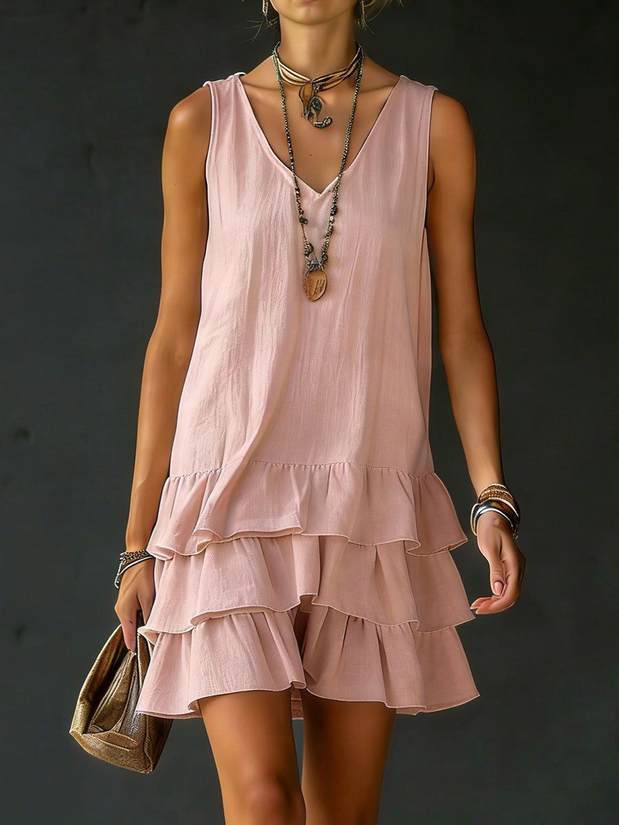 Kaia | Women's Linen V-Neck Tunic Dress with Ruffle Hem, Sleeveless Summer Dress | The Shrader Sisters | Green
