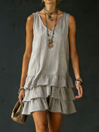 Kaia | Women's Linen V-Neck Tunic Dress with Ruffle Hem, Sleeveless Summer Dress | The Shrader Sisters | Black