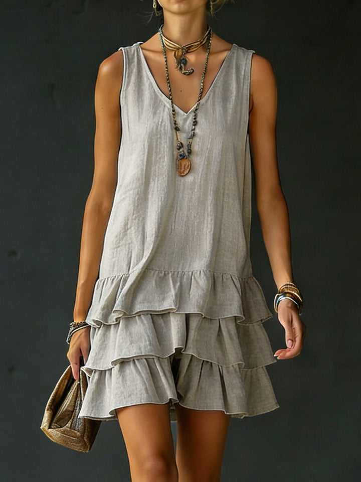 Kaia | Women's Linen V-Neck Tunic Dress with Ruffle Hem, Sleeveless Summer Dress | The Shrader Sisters | Black