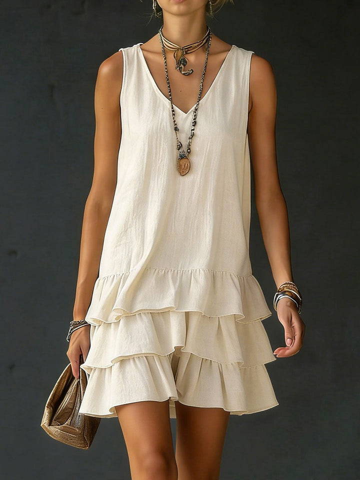 Kaia | Women's Linen V-Neck Tunic Dress with Ruffle Hem, Sleeveless Summer Dress | The Shrader Sisters | Khaki