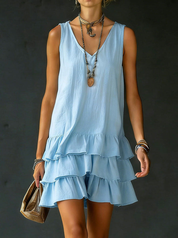 Kaia | Women's Linen V-Neck Tunic Dress with Ruffle Hem, Sleeveless Summer Dress | The Shrader Sisters | Blue