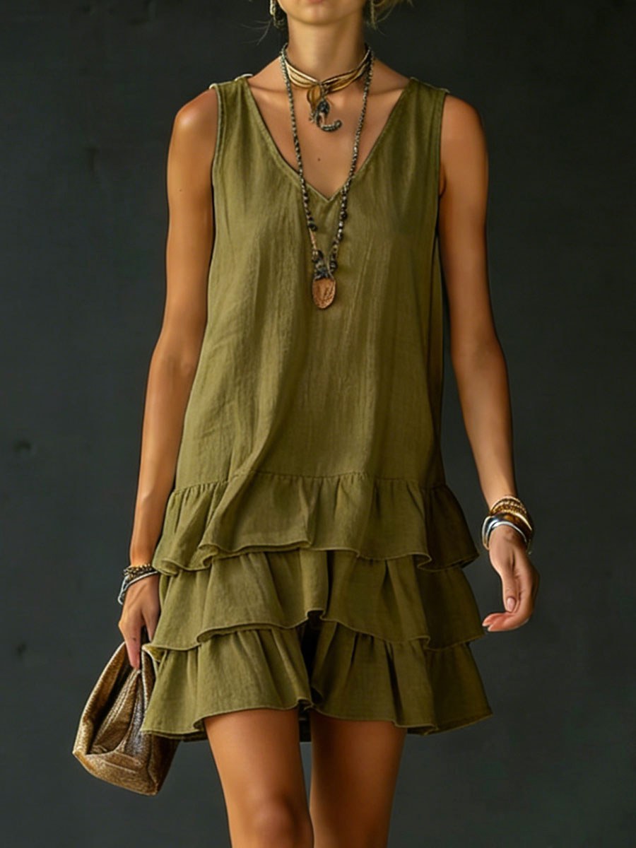 Kaia | Women's Linen V-Neck Tunic Dress with Ruffle Hem, Sleeveless Summer Dress | The Shrader Sisters
