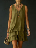 Kaia | Women's Linen V-Neck Tunic Dress with Ruffle Hem, Sleeveless Summer Dress | The Shrader Sisters