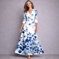 Kara | Women's Mid-Sleeve Maxi Dress, Flowing Floral Maxi Dress | The Shrader Sisters | White/Blue