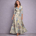 Kara | Women's Mid-Sleeve Maxi Dress, Flowing Floral Maxi Dress | The Shrader Sisters | Sand/Beige