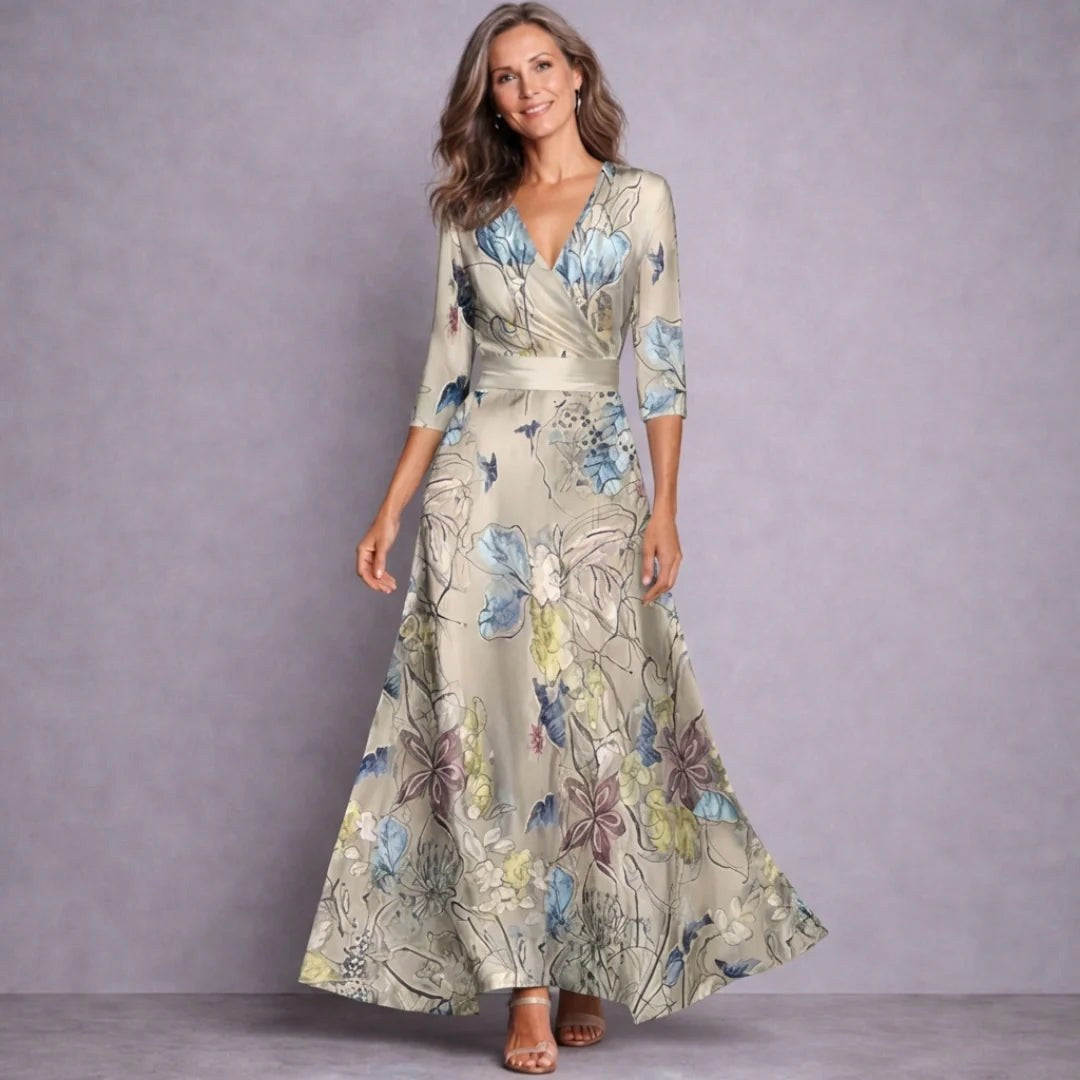 Kara | Women's Mid-Sleeve Maxi Dress, Flowing Floral Maxi Dress | The Shrader Sisters | Sand/Beige
