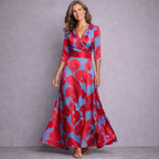 Kara | Women's Mid-Sleeve Maxi Dress, Flowing Floral Maxi Dress | The Shrader Sisters | Red/Blue