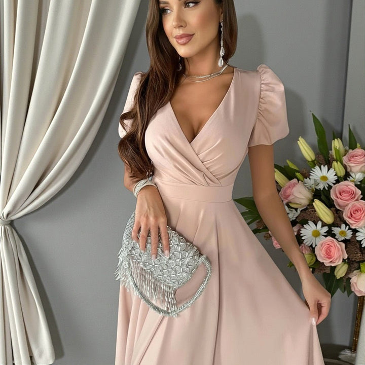 Kara | Women's V-Neck Midi Dress with Puffed Sleeves, Occasion Midi Dress | The Shrader Sisters