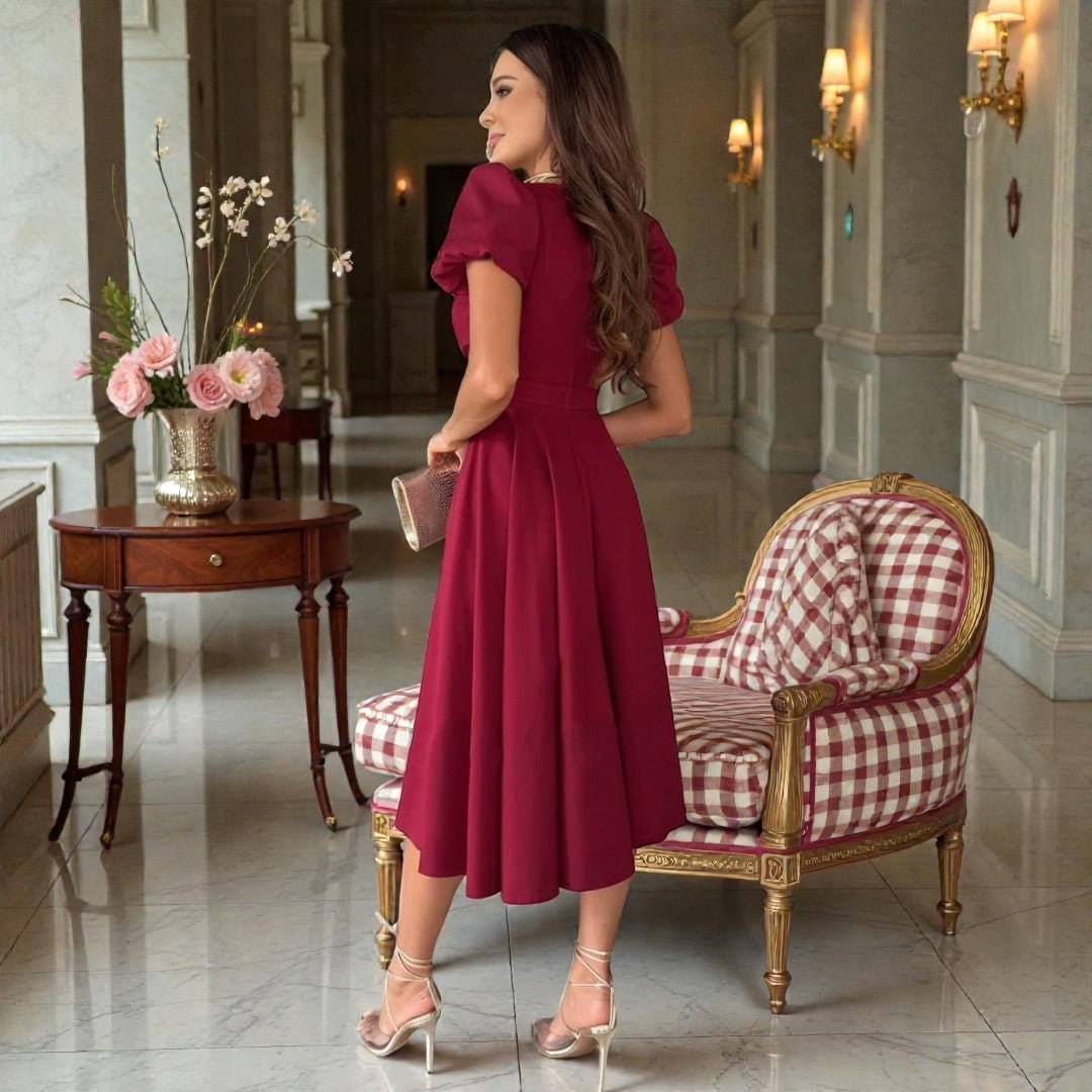 Kara | Women's V-Neck Midi Dress with Puffed Sleeves, Occasion Midi Dress | The Shrader Sisters