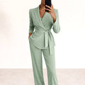 Karly | Women's Knit Belt Two-Piece Set, Wide-Leg Trouser Suit | The Shrader Sisters | Green