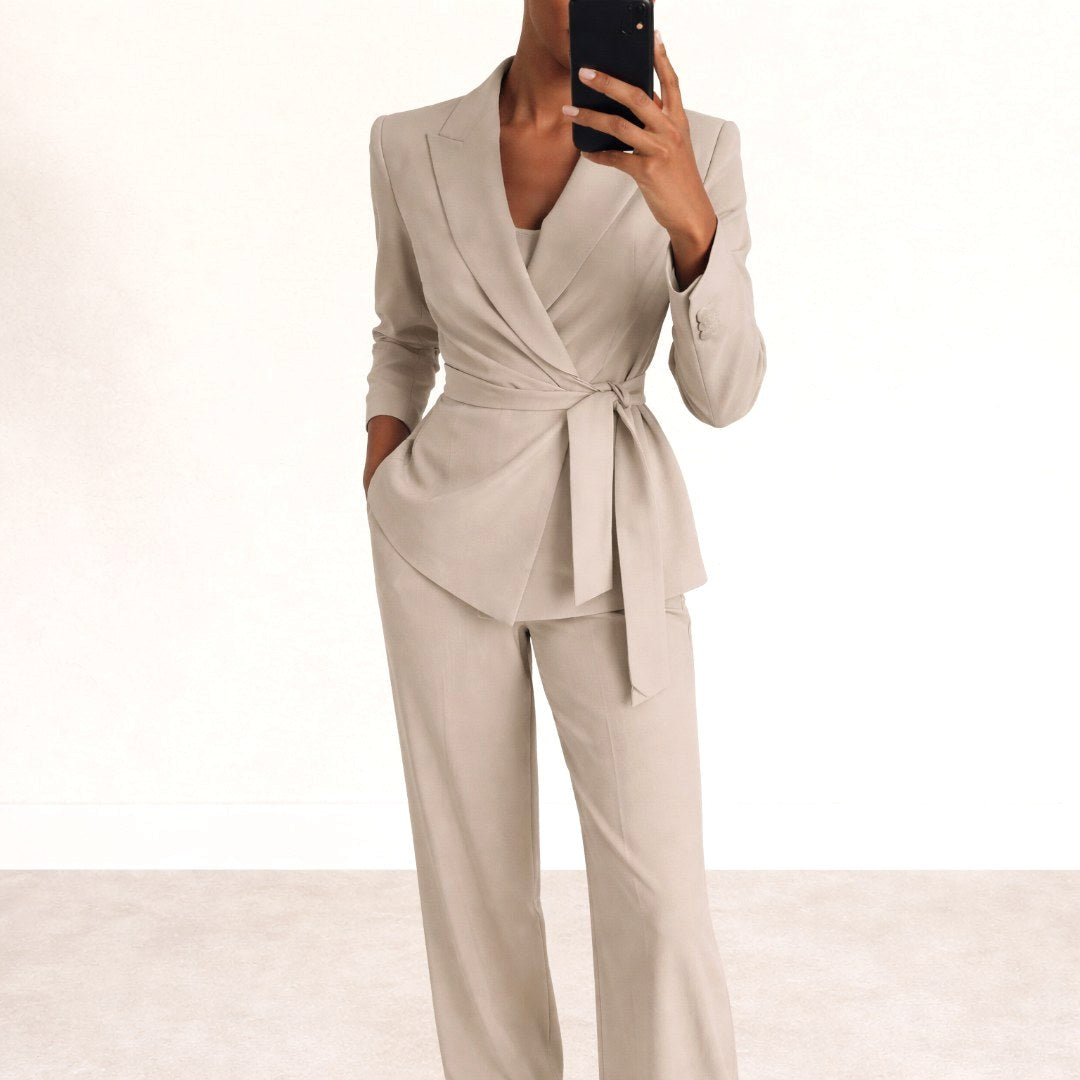 Karly | Women's Knit Belt Two-Piece Set, Wide-Leg Trouser Suit | The Shrader Sisters | Beige