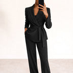Karly | Women's Knit Belt Two-Piece Set, Wide-Leg Trouser Suit | The Shrader Sisters | Black
