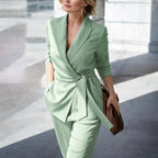 Karly | Women's Knit Belt Two-Piece Set, Wide-Leg Trouser Suit | The Shrader Sisters