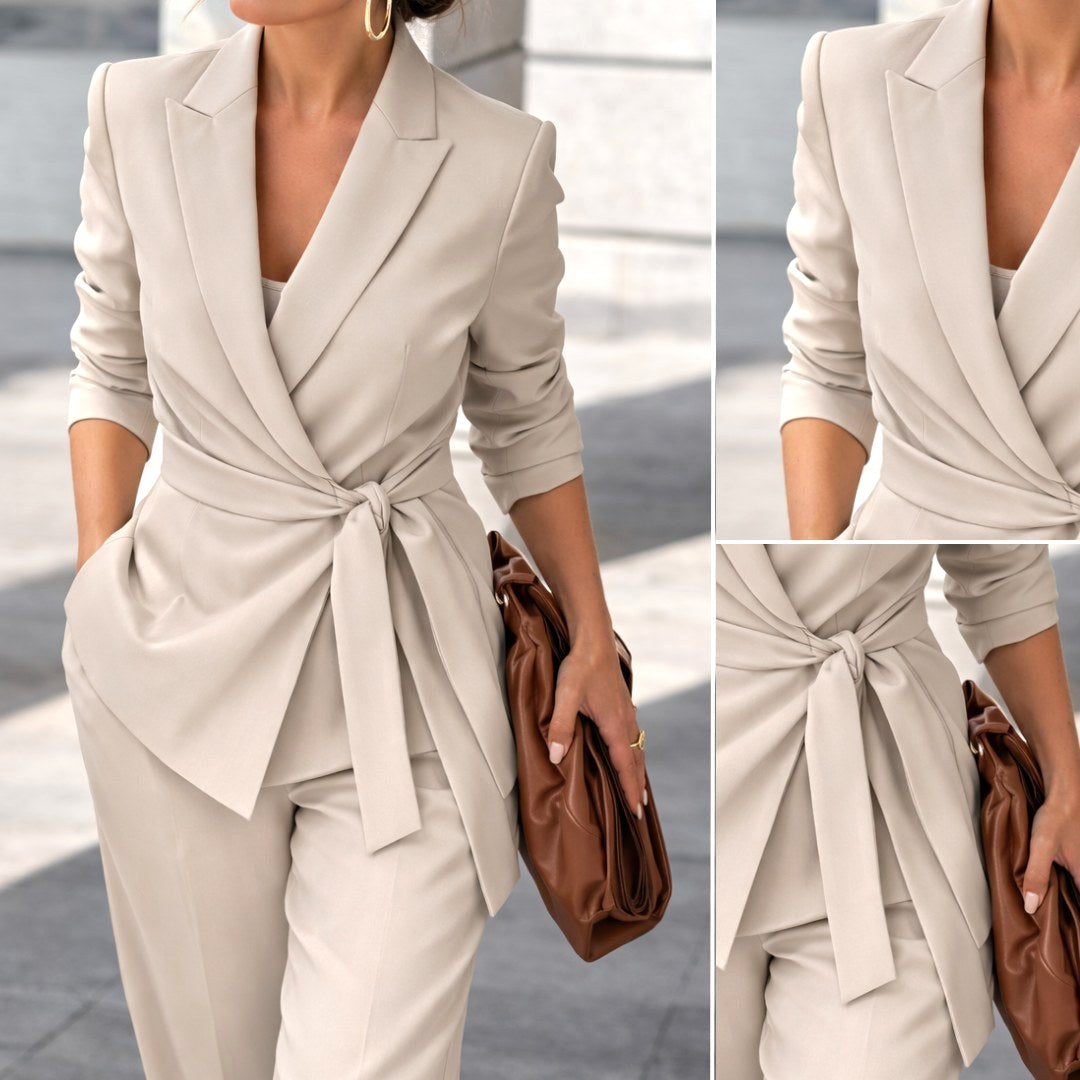 Karly | Women's Knit Belt Two-Piece Set, Wide-Leg Trouser Suit | The Shrader Sisters