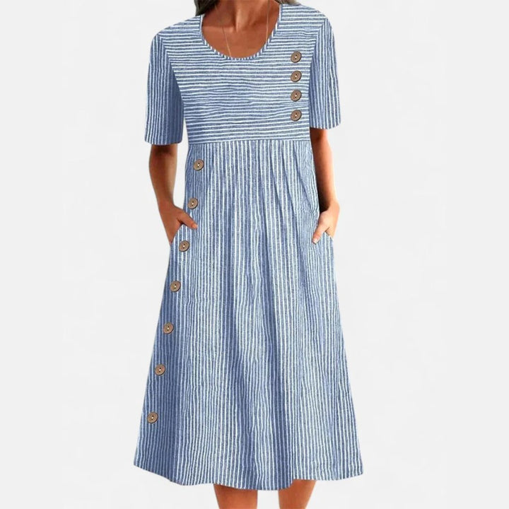 Kay | Women's Striped Midi Dress With Buttons - Blue