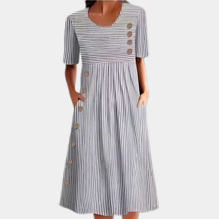Kay | Women's Striped Midi Dress With Buttons - Gray