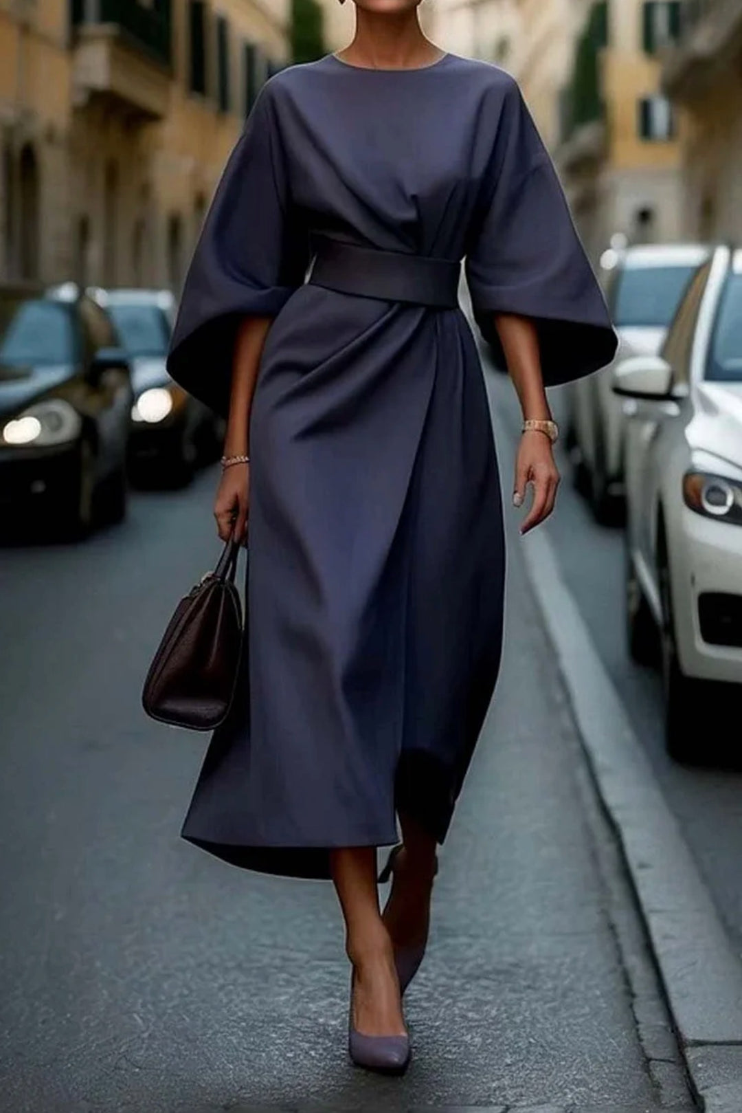 Keira | Women's Flowing Sleeve Elegant Midi Dress - Navy Blue