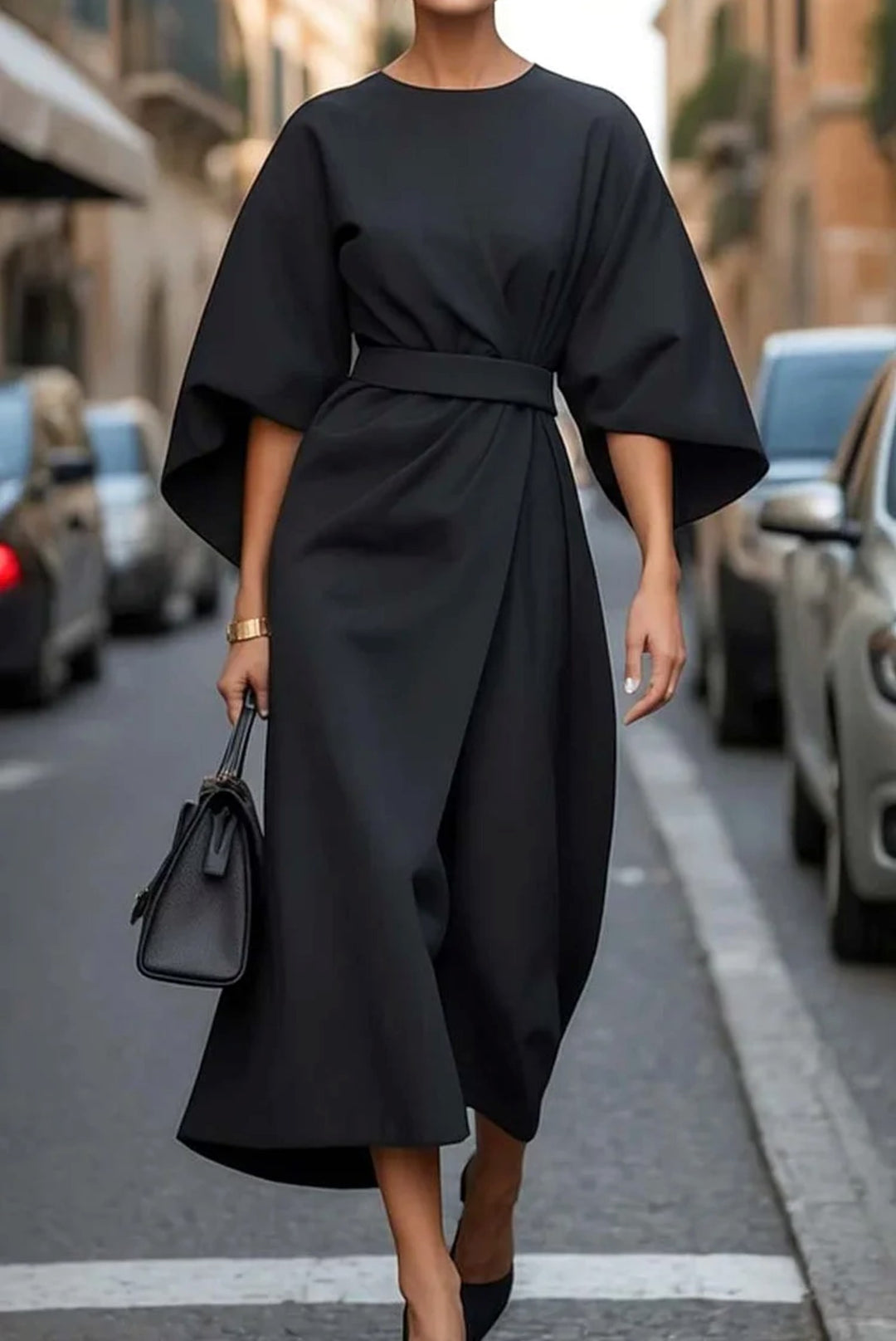 Keira | Women's Flowing Sleeve Elegant Midi Dress - Black