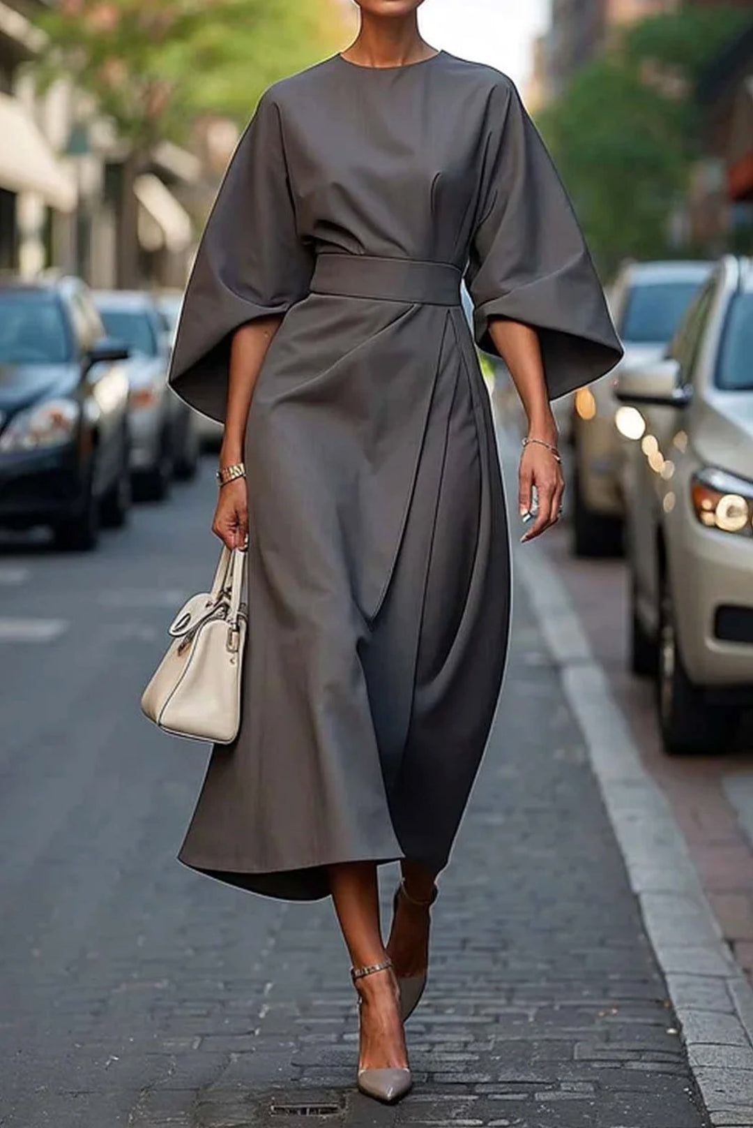 Keira | Women's Flowing Sleeve Elegant Midi Dress - Grey