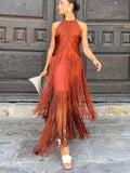 Keira | Women's Halter-Neck Maxi Dress with Fringe Detail, Tassel Occasion Dress | The Shrader Sisters | Naranja