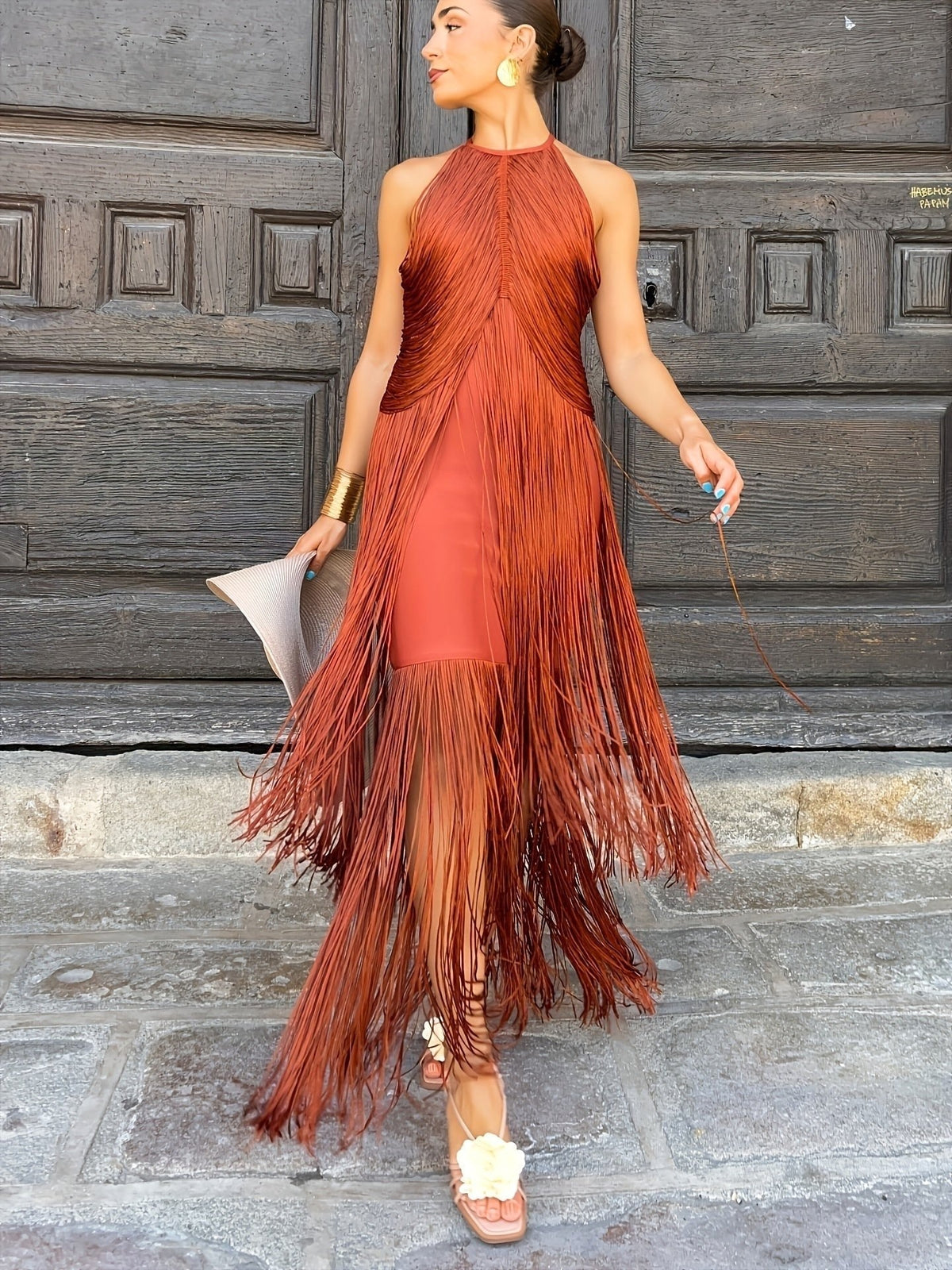 Keira | Women's Halter-Neck Maxi Dress with Fringe Detail, Tassel Occasion Dress | The Shrader Sisters | Naranja