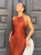 Keira | Women's Halter-Neck Maxi Dress with Fringe Detail, Tassel Occasion Dress | The Shrader Sisters | Verde