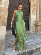 Keira | Women's Halter-Neck Maxi Dress with Fringe Detail, Tassel Occasion Dress | The Shrader Sisters