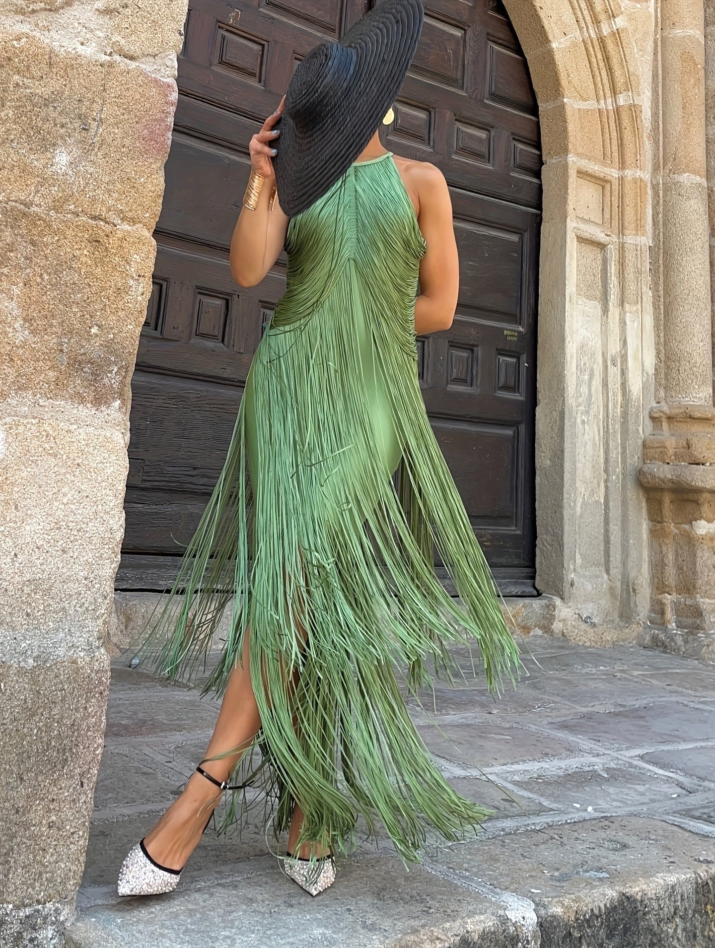 Keira | Women's Halter-Neck Maxi Dress with Fringe Detail, Tassel Occasion Dress | The Shrader Sisters