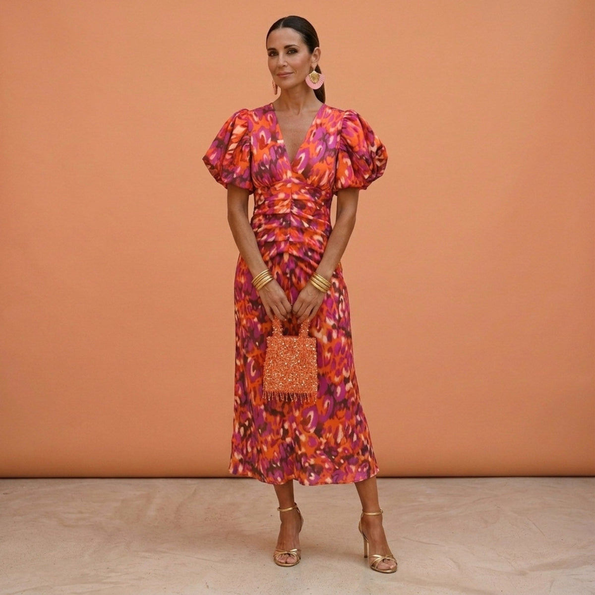 Kelsey | Women's V-Neckline Dress with Puffed Sleeves, Elegant Day Dress | The Shrader Sisters | Naranja/Violeta