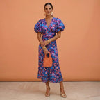 Kelsey | Women's V-Neckline Dress with Puffed Sleeves, Elegant Day Dress | The Shrader Sisters | Violeta/Azul