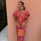 Kelsey | Women's V-Neckline Dress with Puffed Sleeves, Elegant Day Dress | The Shrader Sisters