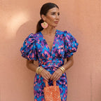 Kelsey | Women's V-Neckline Dress with Puffed Sleeves, Elegant Day Dress | The Shrader Sisters