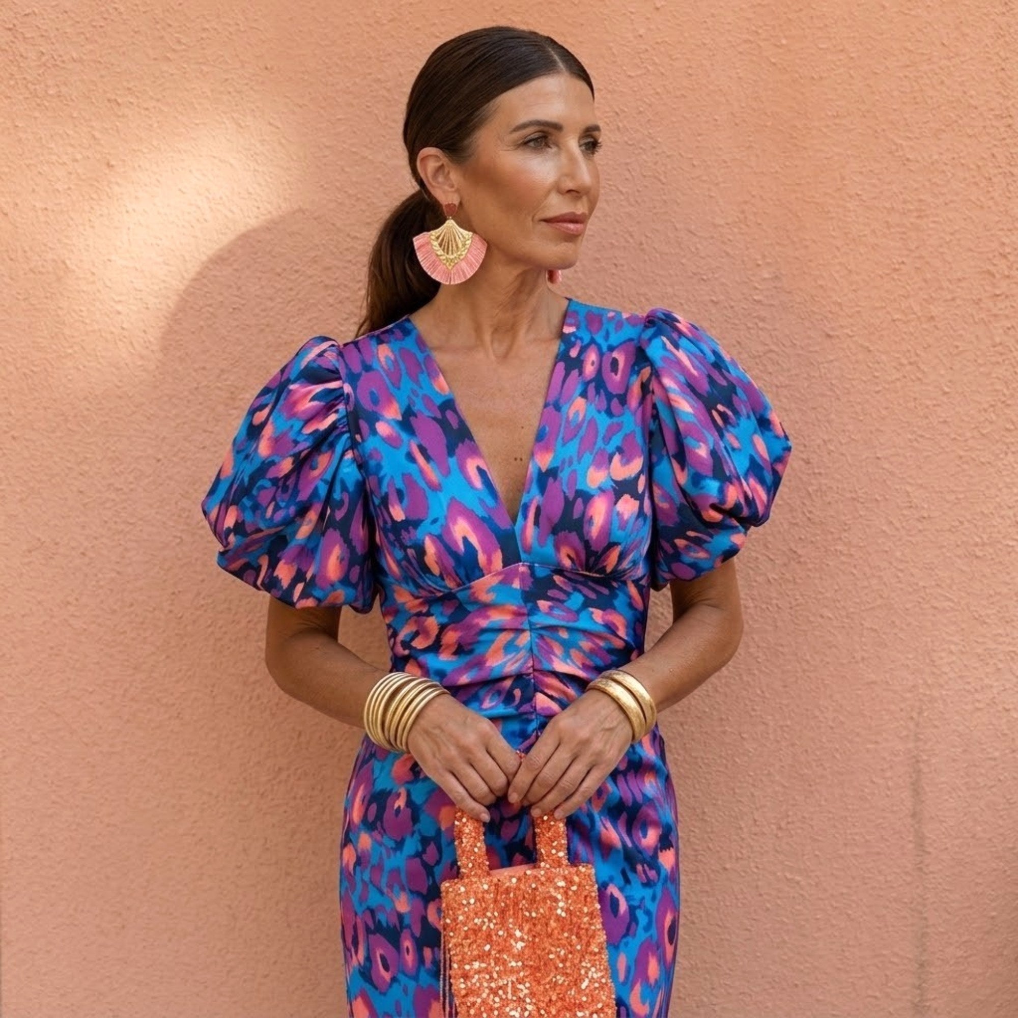 Kelsey | Women's V-Neckline Dress with Puffed Sleeves, Elegant Day Dress | The Shrader Sisters
