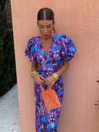 Kelsey | Women's V-Neckline Dress with Puffed Sleeves, Elegant Day Dress | The Shrader Sisters