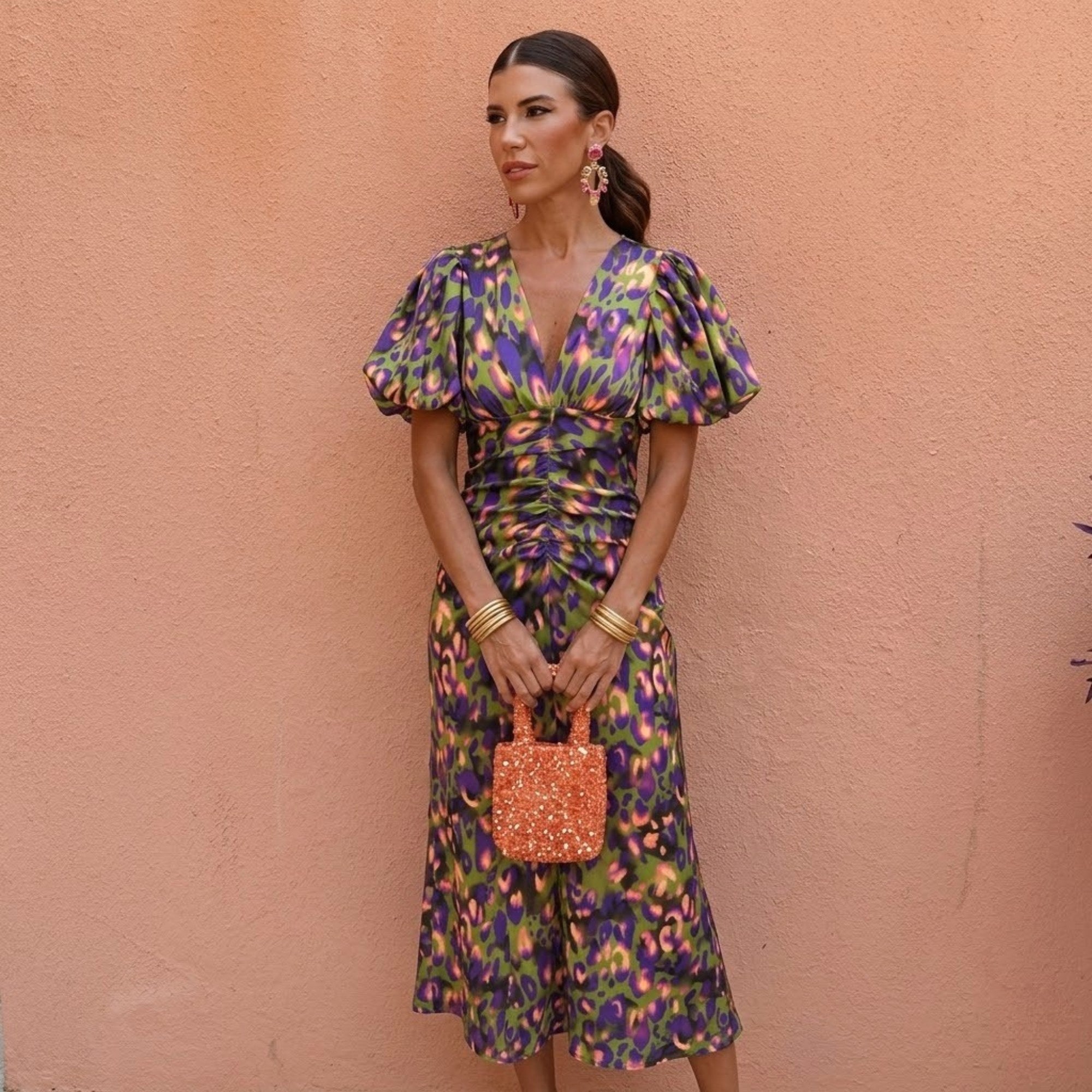 Kelsey | Women's V-Neckline Dress with Puffed Sleeves, Elegant Day Dress | The Shrader Sisters