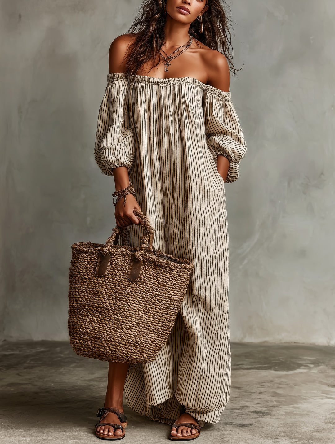 Kendall | Women's Cotton-Linen Off-Shoulder Maxi Dress - Photo Color