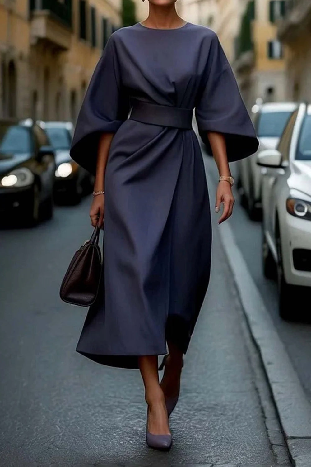 Kennedy | Women's Elegant Midi Dress with Lantern Sleeves - Beige