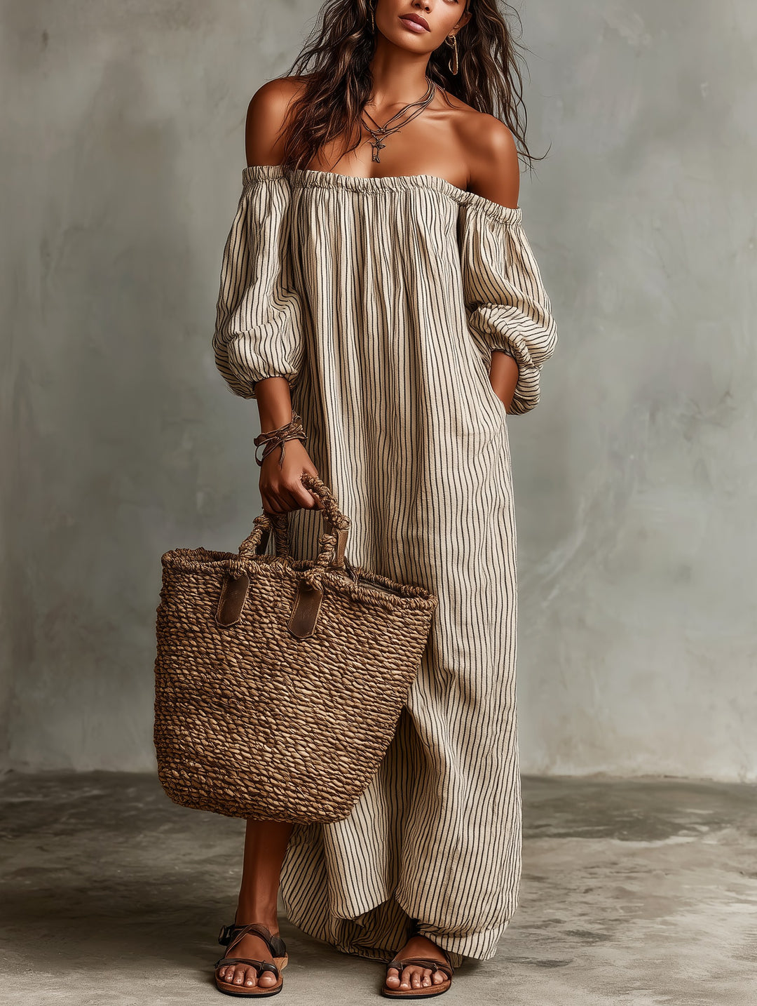 Kennedy | Women's Off-Shoulder Cotton-Linen Maxi Dress - Photo Color
