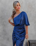Kennedy | Women's Off-Shoulder Satin Midi Dress, Flowy Summer Occasionwear for Holidays and Special Events, Flowy Summer Occasionwear for Holidays and Special Events - Blauw
