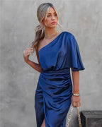 Kennedy | Women's Off-Shoulder Satin Midi Dress, Flowy Summer Occasionwear for Holidays and Special Events, Flowy Summer Occasionwear for Holidays and Special Events - Blauw