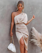 Kennedy | Women's Off-Shoulder Satin Midi Dress, Flowy Summer Occasionwear for Holidays and Special Events, Flowy Summer Occasionwear for Holidays and Special Events - Beige