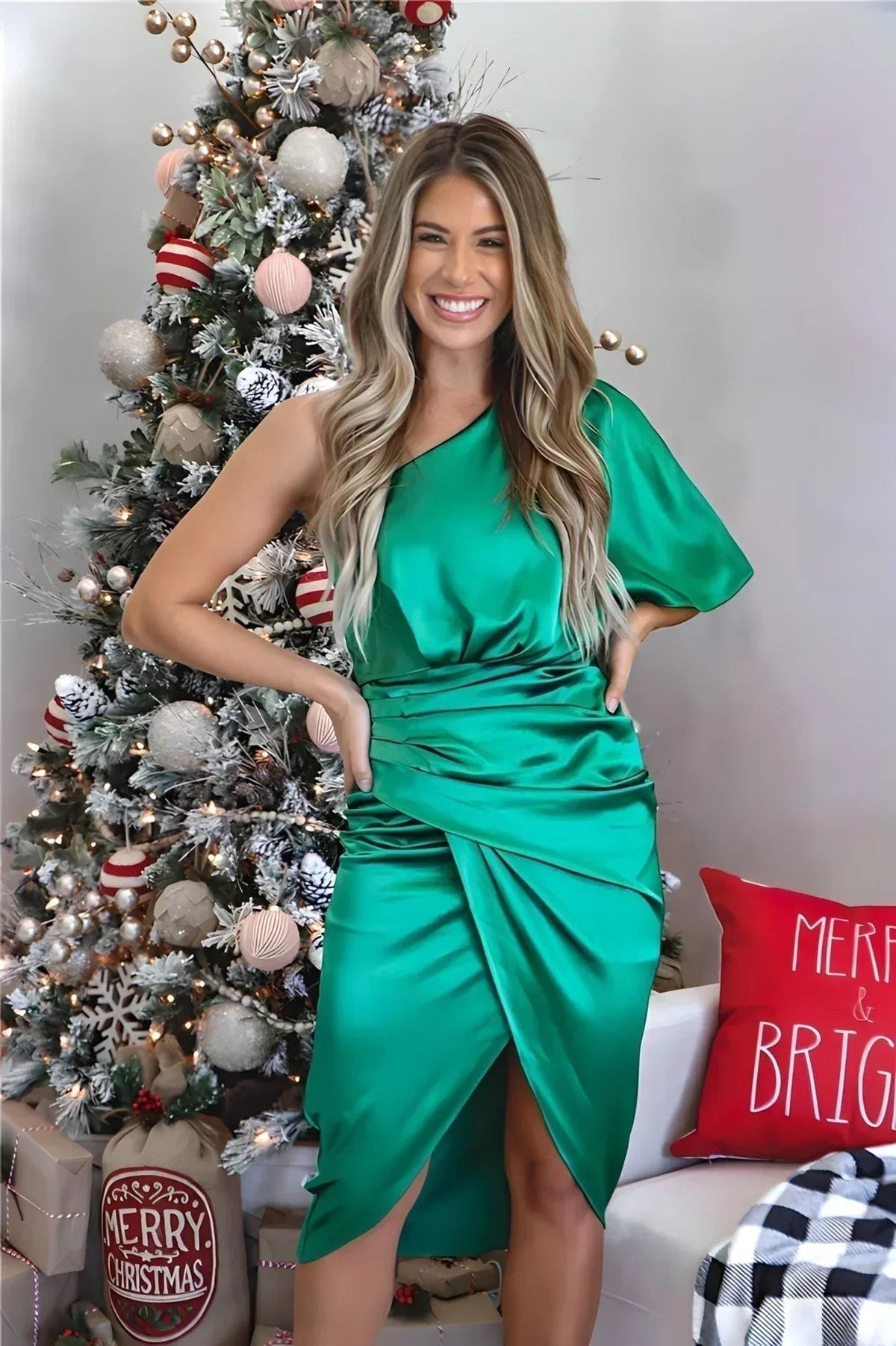 Kennedy | Women's Off-Shoulder Satin Midi Dress, Flowy Summer Occasionwear for Holidays and Special Events, Flowy Summer Occasionwear for Holidays and Special Events - Groente