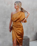 Kennedy | Women's Off-Shoulder Satin Midi Dress, Flowy Summer Occasionwear for Holidays and Special Events, Flowy Summer Occasionwear for Holidays and Special Events - Oranje