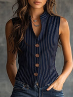 Kerrie | Women's Striped Henley Tank Top, Vintage Sleeveless Top | The Shrader Sisters | Blue